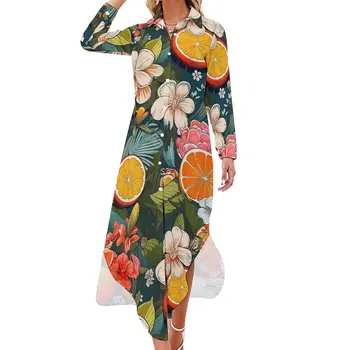 Pomaranče Bežné Šaty, Kvety Tlače Street Style Šaty S Dlhým Rukávom Roztomilý Ženy V Krku Vlastné Veľké Veľkosti Šifón Šaty