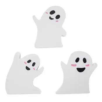 3 Pack Roztomilé Biele Ghosts Šťastný Halloween Drevené Vrchol Známky Halloween Stolové Dekorácie Trick Or Treat Prop