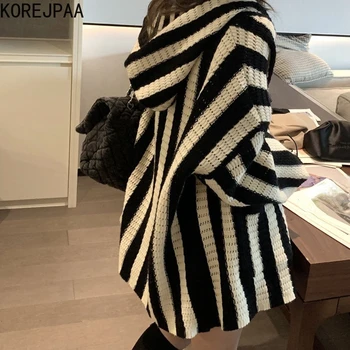 Korejpaa Bežné Pruhované Pletených Cardigan Kabát 2023 Jeseň Kórejský Módne Kapucňou Ženy Vesty Knitwear Svetre Šaty